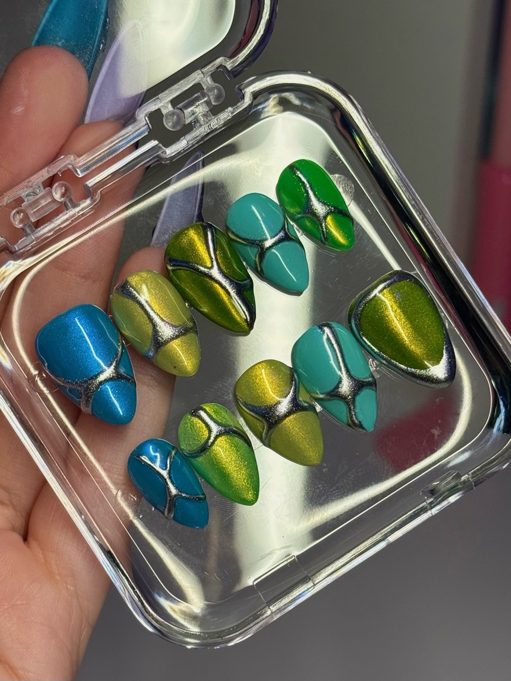 Handmade Metallic Blue, Teal & Green Press-On Nails